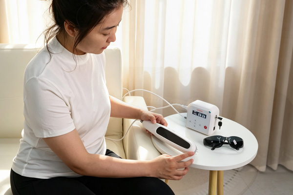Patient using phototherapy with protective glasses